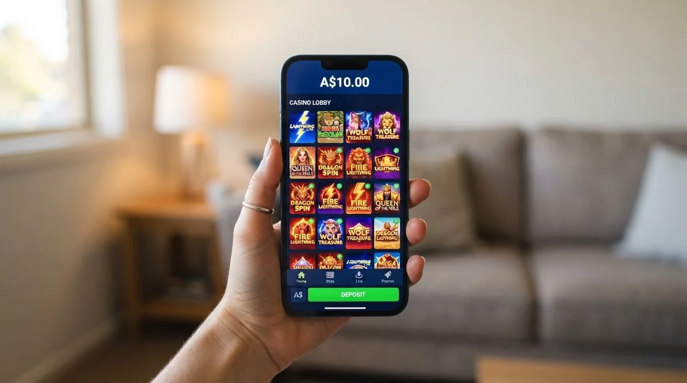 A hand holding a smartphone in portrait orientation showing a casino lobby screen with a pokies grid, the balance displayed as A$10.00, and a prominent “Deposit” button at the bottom