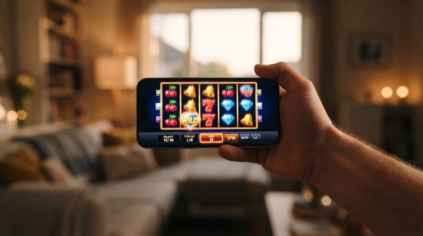A hand holding a smartphone in landscape orientation with casino slot reels spinning on screen and a bet panel visible at the bottom