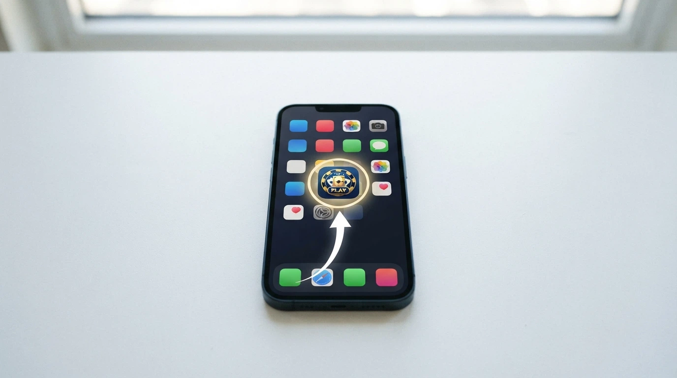 A smartphone home screen showing a casino PWA icon beside native app icons, with an arrow indicating the install-to-home-screen gesture