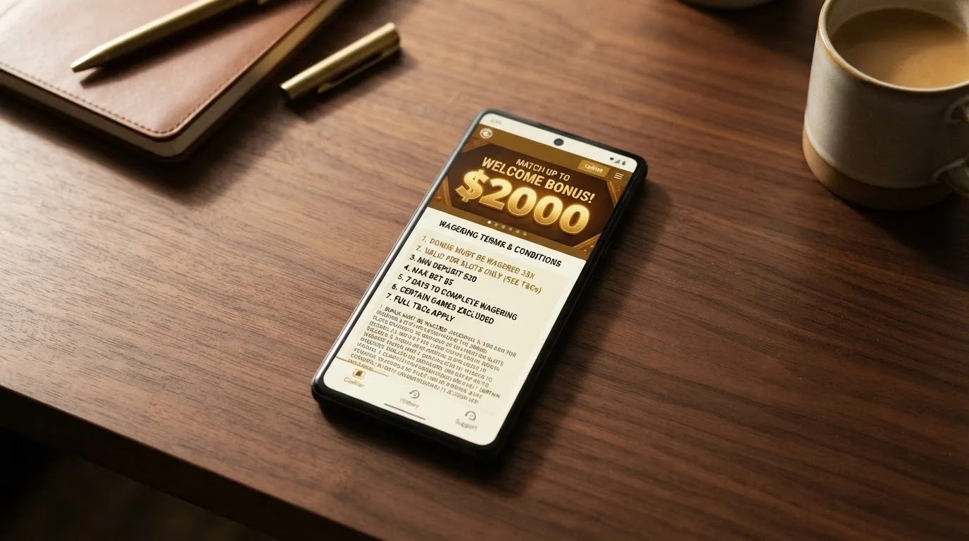 A smartphone showing a casino cashier screen with a prominent bonus-claim button, overlaid with a magnifying glass that reveals fine-print terms beneath