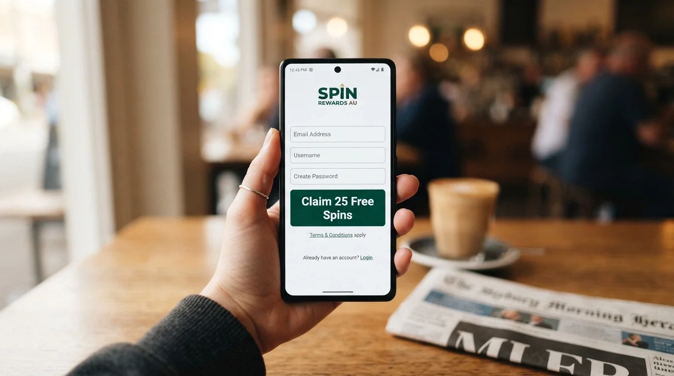 A hand holding a smartphone in portrait orientation, the screen showing a casino sign-up form with a “Claim 25 Free Spins” button prominent, against a blurred café or lounge background