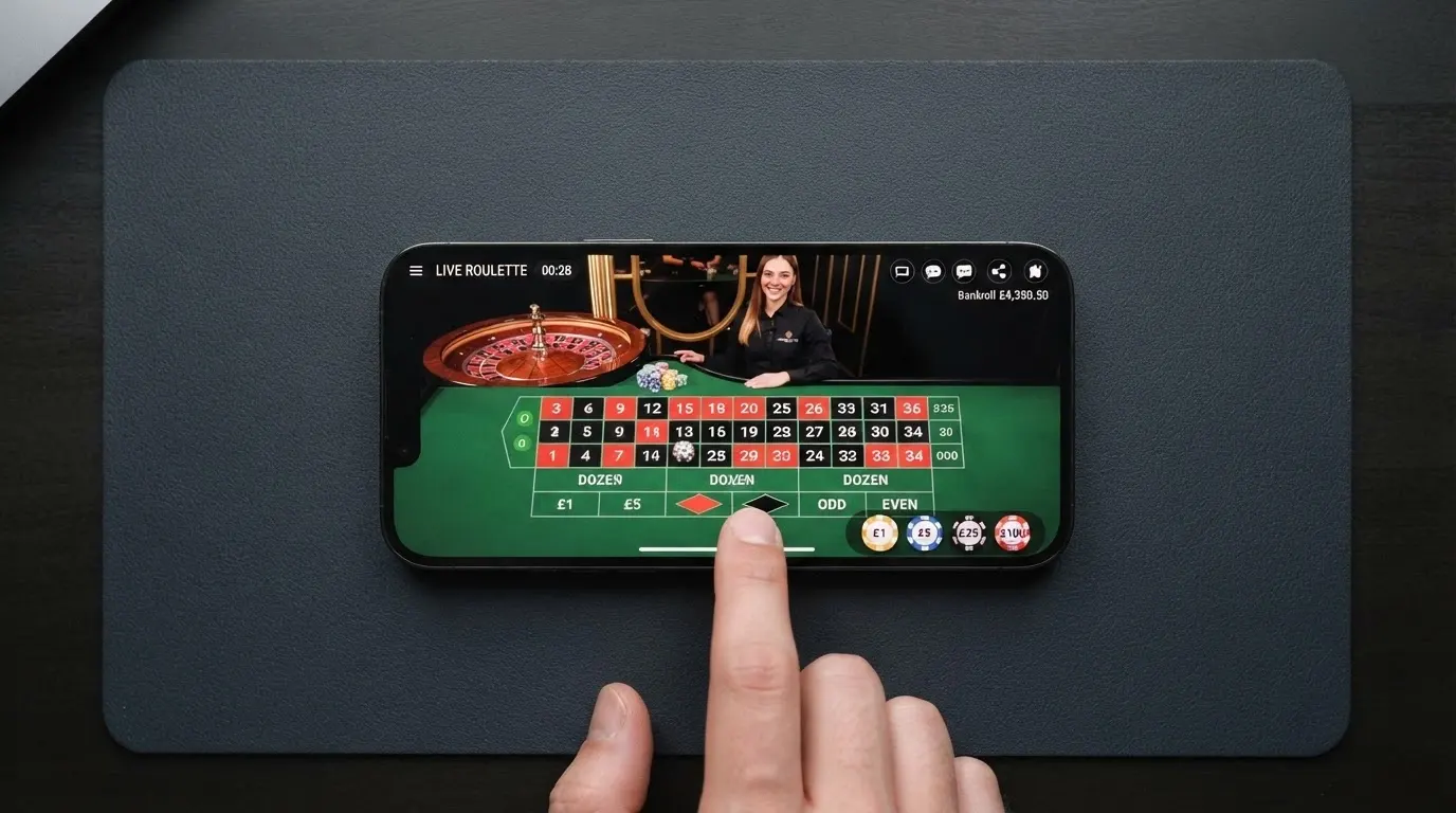 A smartphone held in landscape orientation displaying a live roulette table, the betting grid filling the lower half of the screen and the dealer visible in the upper frame, with a thumb poised over a chip denomination
