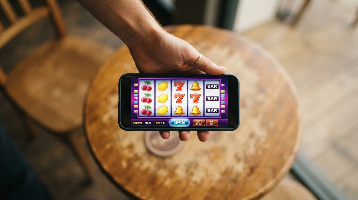 A hand holding a smartphone in landscape mode with a pokies game spinning, an empty cafe table visible behind it