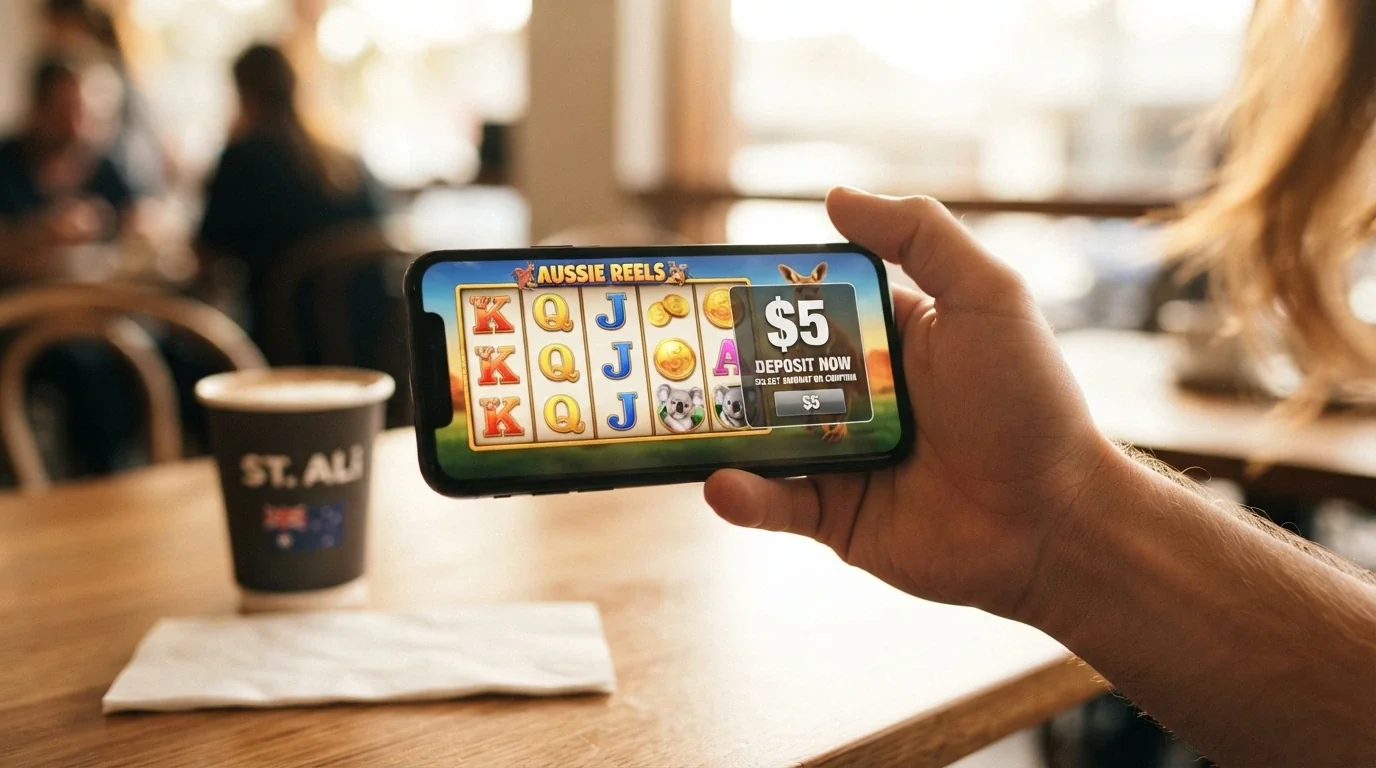 A hand holding a smartphone in landscape orientation showing a pokie game with the deposit screen overlay and a $5 amount entered