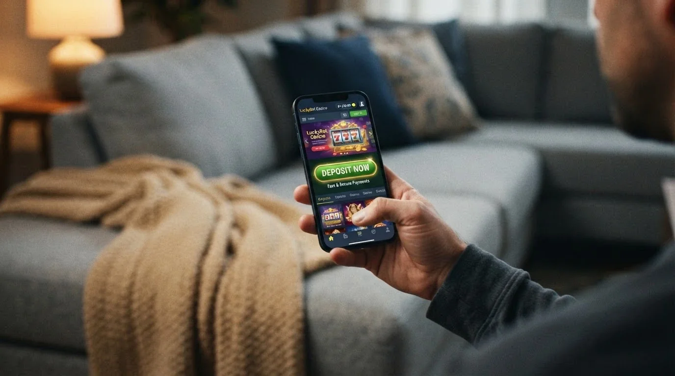 A hand holding a smartphone with a casino lobby screen visible, the deposit button highlighted, set against a home couch background
