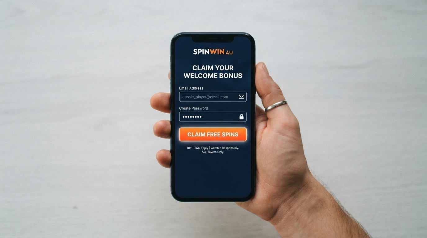 A hand holding a smartphone with a casino sign-up form and a “Claim Free Spins” call-to-action visible on screen