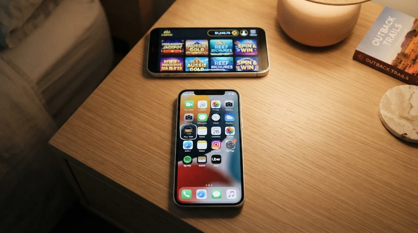 A smartphone home screen with a pokies-site PWA icon among other apps, indistinguishable from a native app, and the mobile pokies lobby open behind it