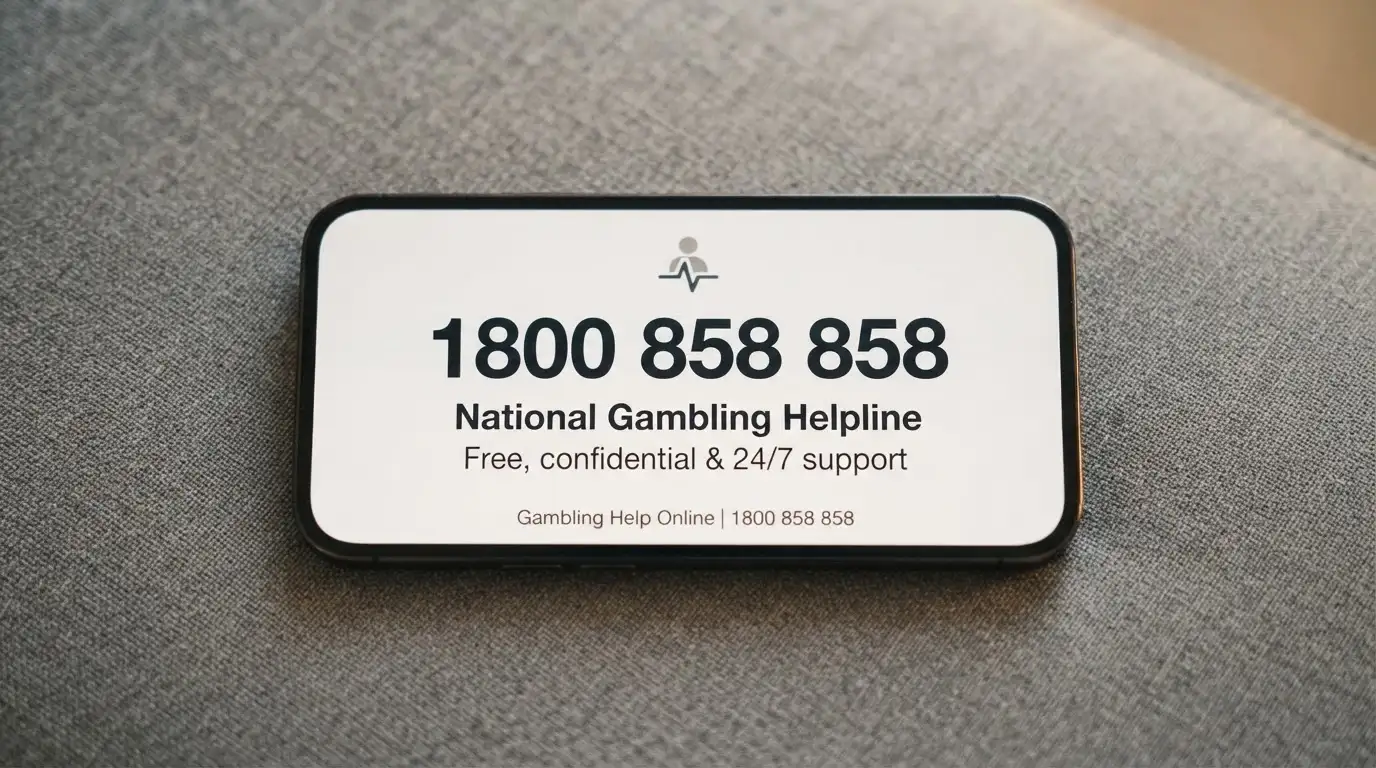A phone screen displaying “1800 858 858” alongside the words “National Gambling Helpline — free, confidential, 24/7”