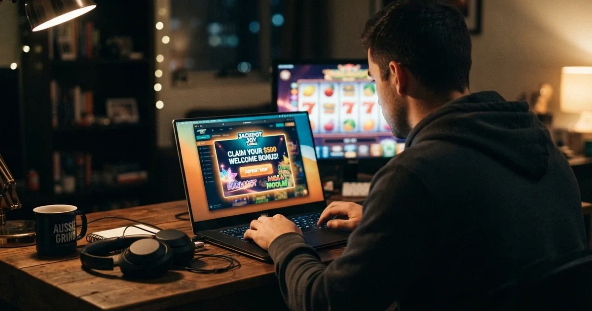An Australian player looking at a no-deposit bonus offer on a laptop screen, with a casino lobby visible behind the pop-up
