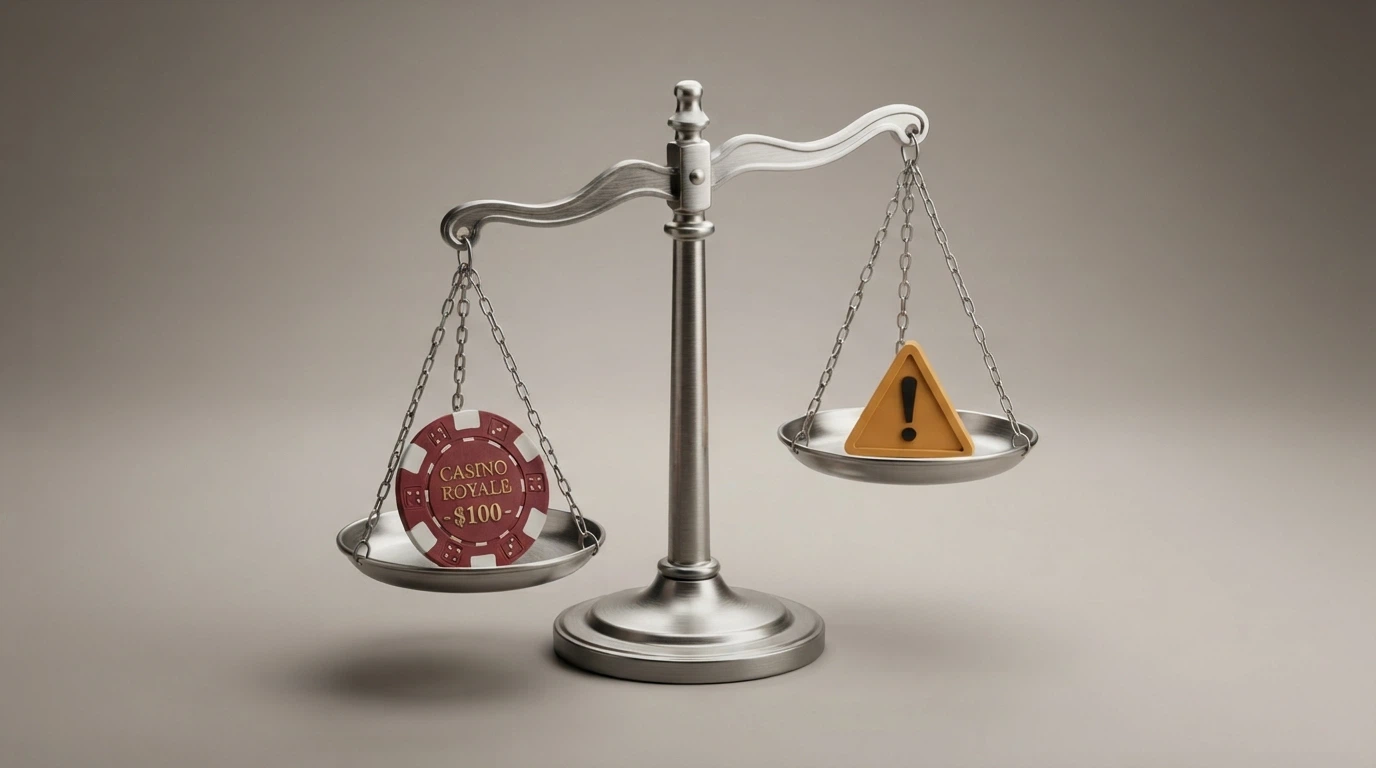 A set of balance scales with a bonus chip on one side and a warning symbol on the other, on a neutral background