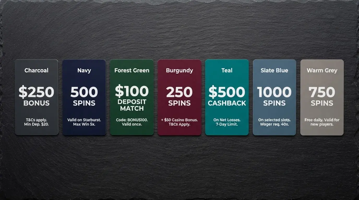 A row of casino-branded offer cards arranged side by side for comparison, each showing a bonus amount and key terms