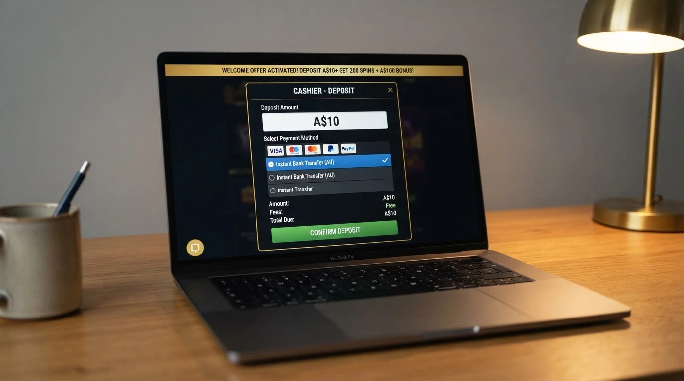 A casino cashier screen showing a A$10 deposit amount, the PayID option selected, and the welcome bonus banner confirming the 400% offer activates at that deposit level