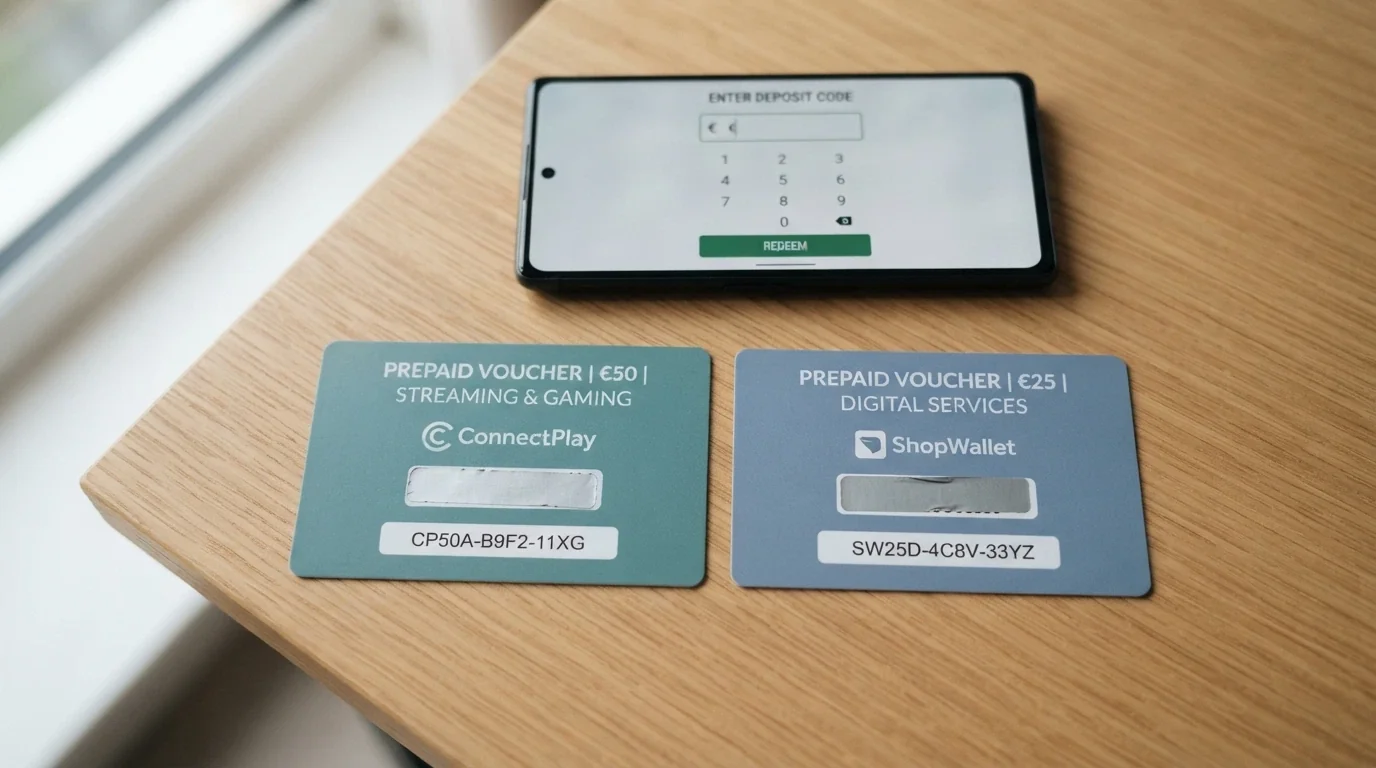 A Neosurf prepaid voucher and a Paysafecard side by side on a desk, with a smartphone showing a casino deposit screen in the background