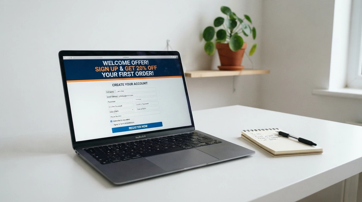 A laptop screen showing a casino registration form with a no-deposit bonus banner, a calendar icon signalling the site's recent launch date beside it