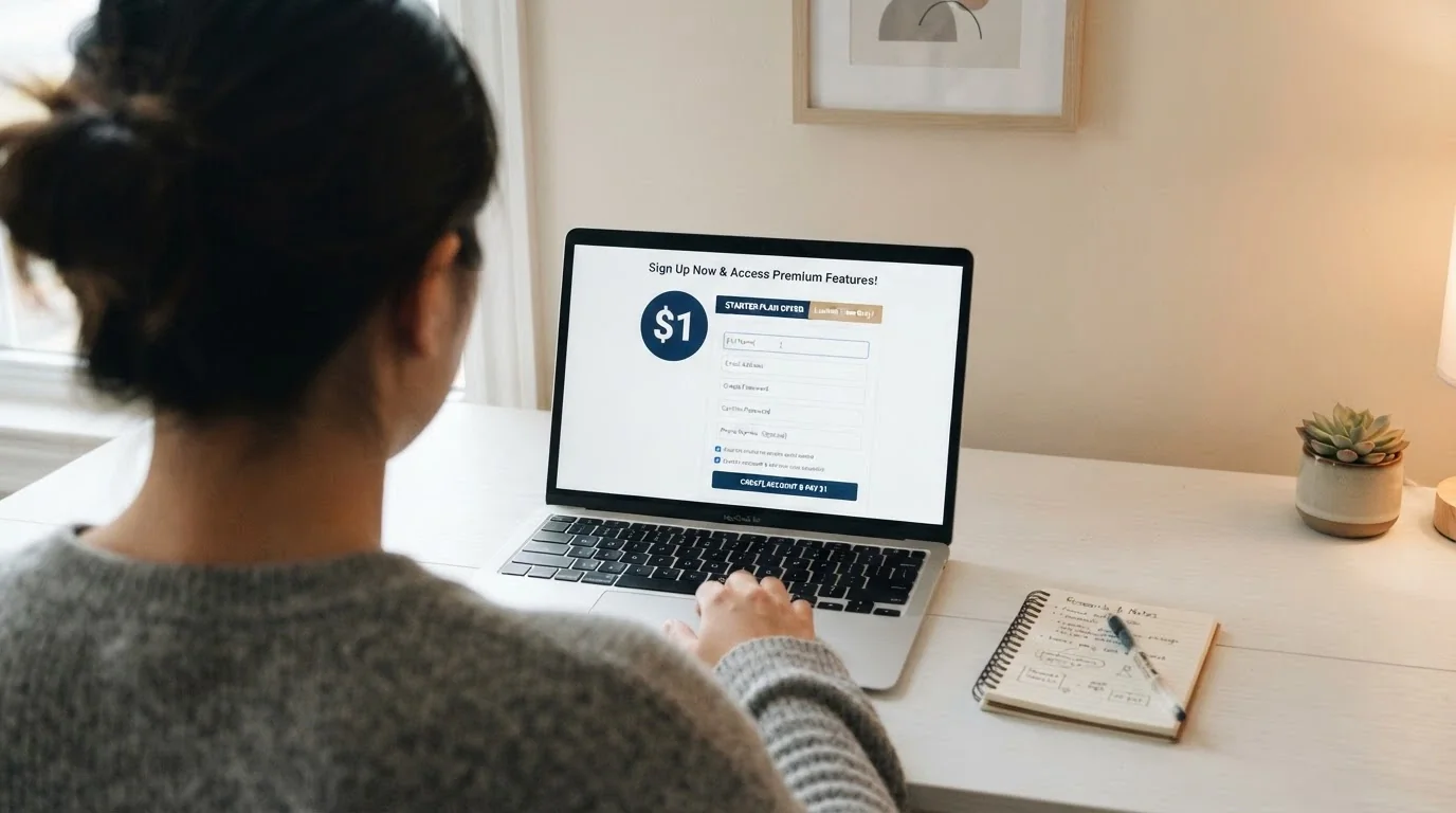 A sign-up form on a laptop screen with fields for name and email, a “$1 minimum deposit” badge visible, and a welcome-offer banner beside it