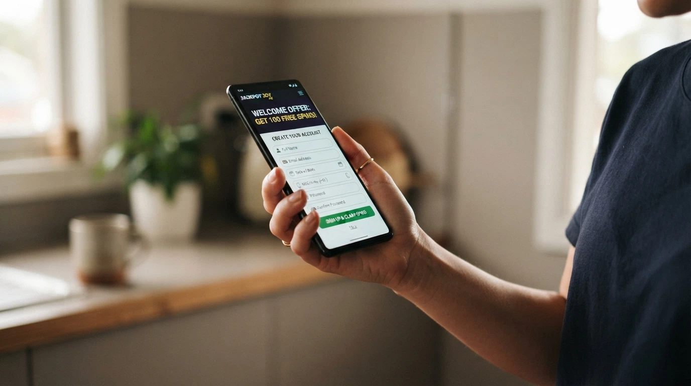 A mobile phone showing a simplified casino registration form with a prominently displayed free spin welcome offer