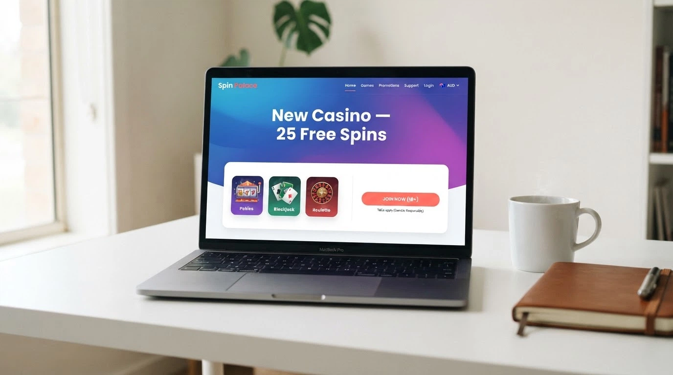 A freshly designed casino homepage with a prominent “New Casino — 25 Free Spins” hero section, the design looking modern and clean but with no established brand marks visible