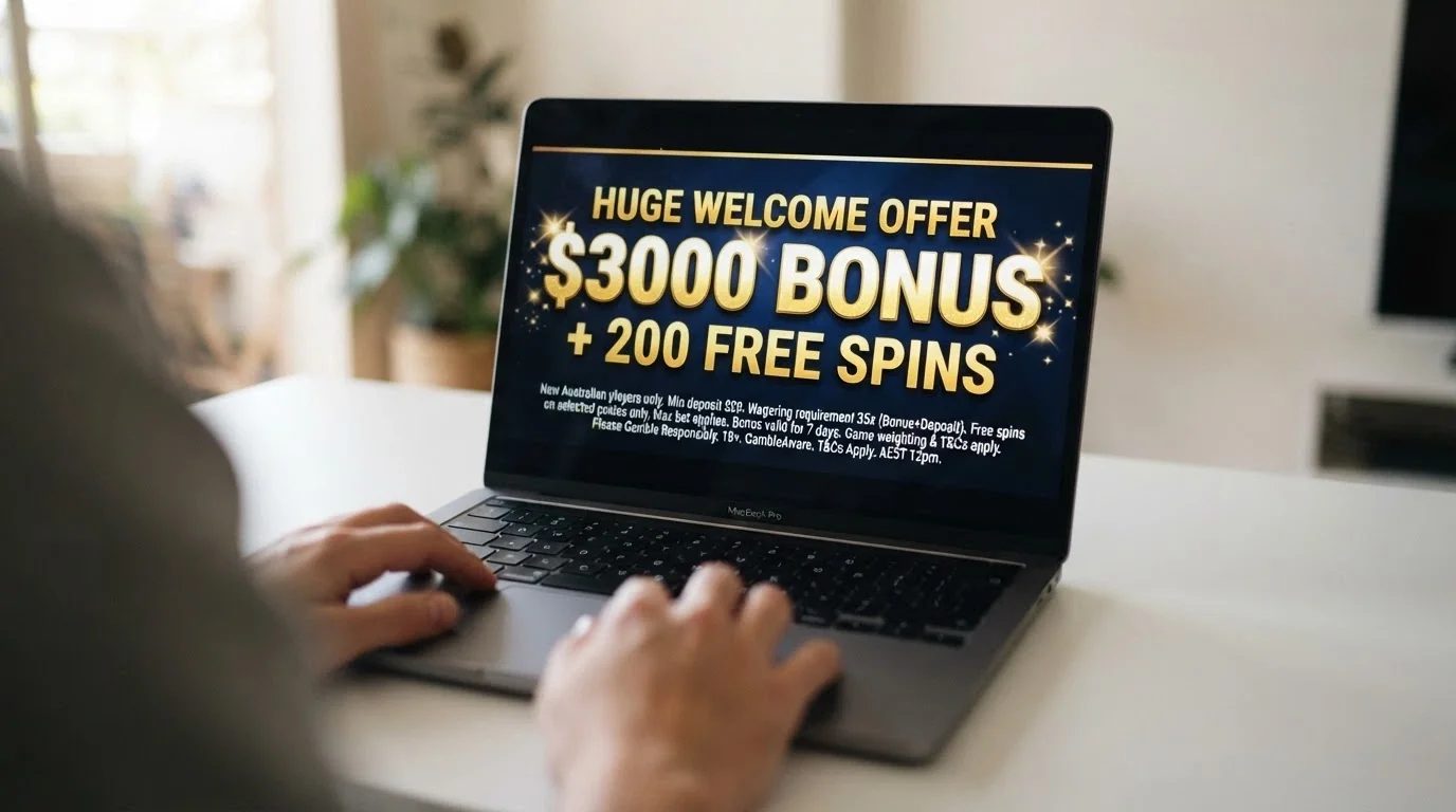 A splash-style welcome offer banner on a new casino site with the headline bonus figure prominent and terms and conditions in fine print below