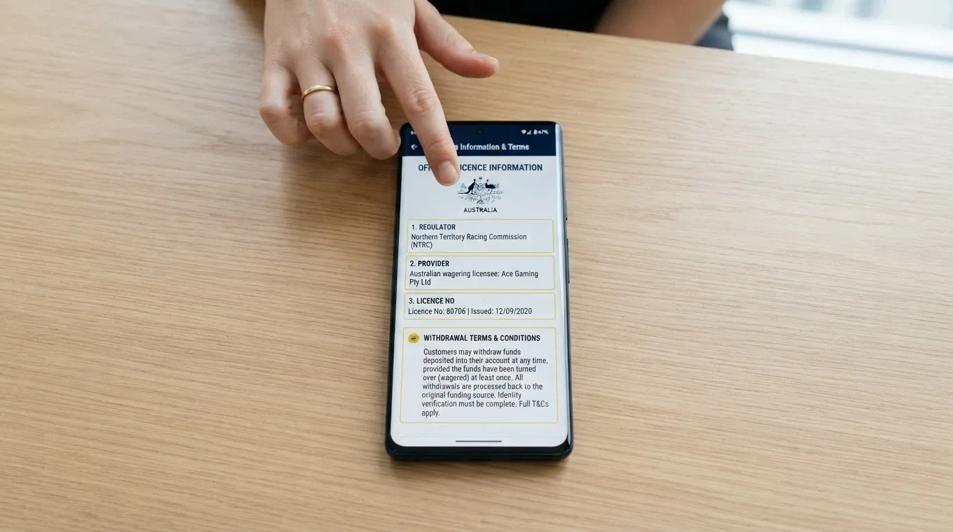 A smartphone screen showing a newly launched casino's licence-information page or terms-and-conditions page, with key fields highlighted