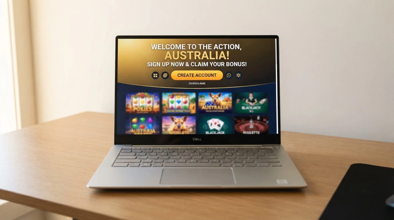 A welcome-offer banner on a fresh casino homepage with a prominent sign-up button and a game-library preview behind it