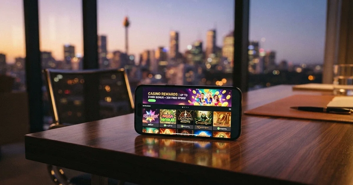 A smartphone screen showing a new online casino lobby with a no-deposit bonus banner, set against a blurred Australian city skyline at dusk
