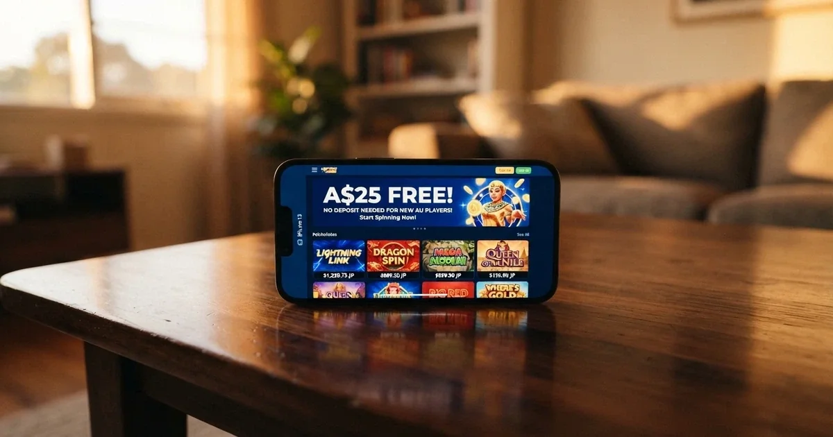 A mobile phone screen showing an online casino lobby with a no-deposit bonus banner and Australian dollar amounts