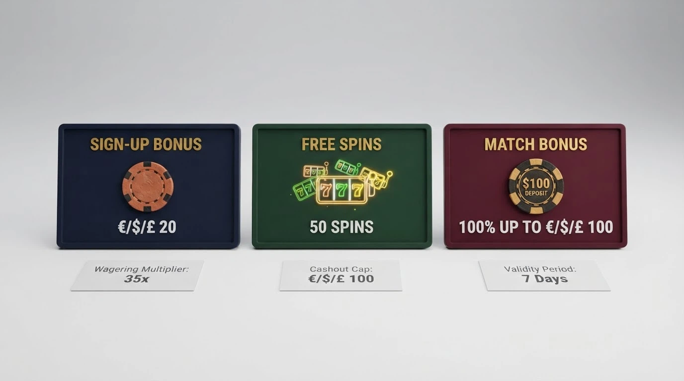 Three casino bonus tiles side by side — no-deposit chip, free spins, and deposit match — each showing its key term