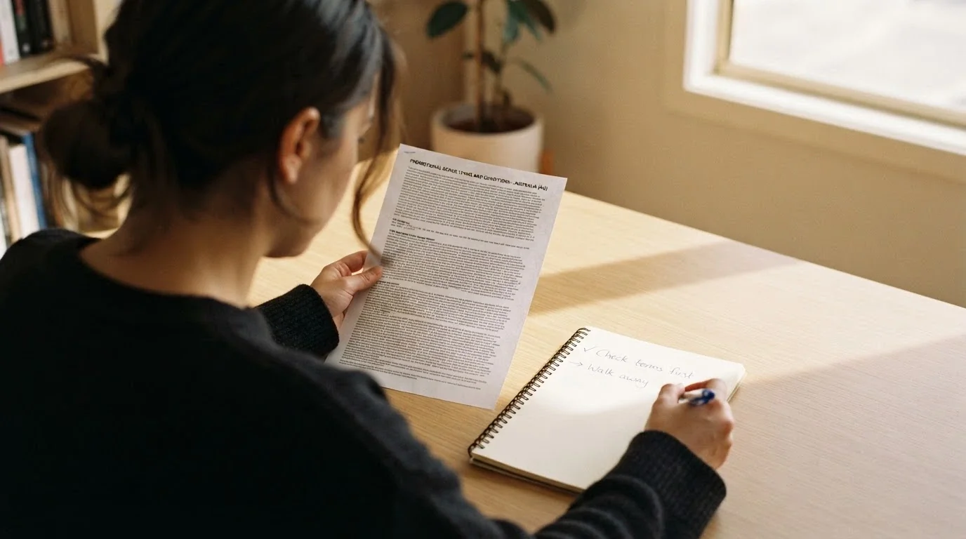A decision flowchart with two paths — claim a bonus after checking the terms, or walk away