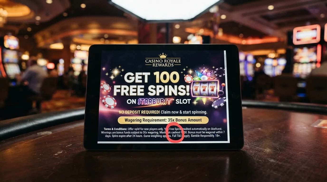 A close-up of a casino promotions page showing a no-deposit free-spins offer with the wagering-requirement fine print highlighted