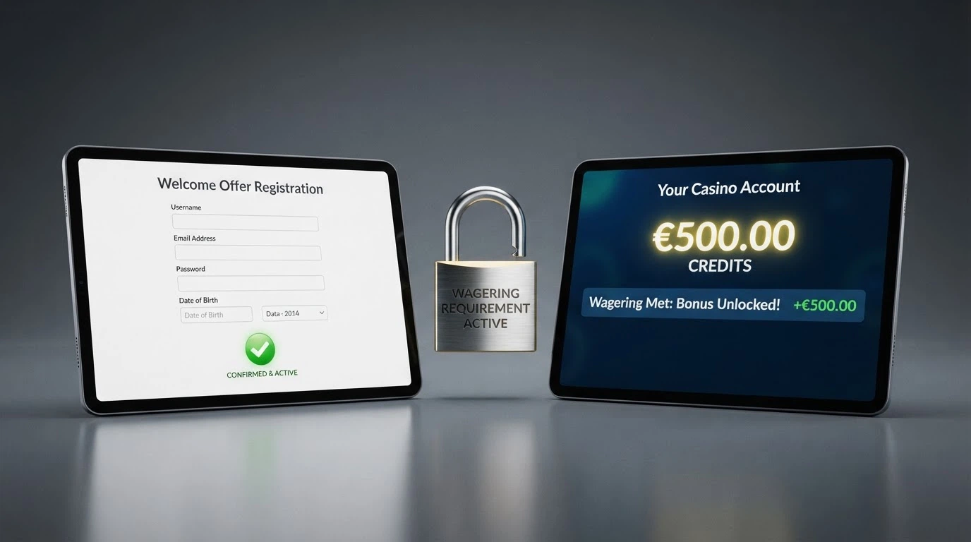 A split-screen diagram showing a sign-up form on one side and a bonus-credited casino balance on the other, with a lock icon between them labelled wagering requirement