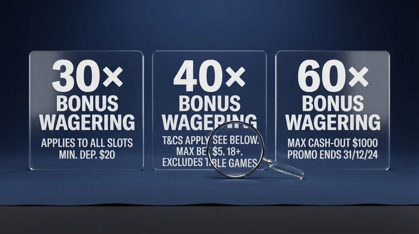 A split-screen comparison of three bonus-term panels showing different wagering multiples (30×, 40×, 60×) with a magnifying glass over the fine-print section