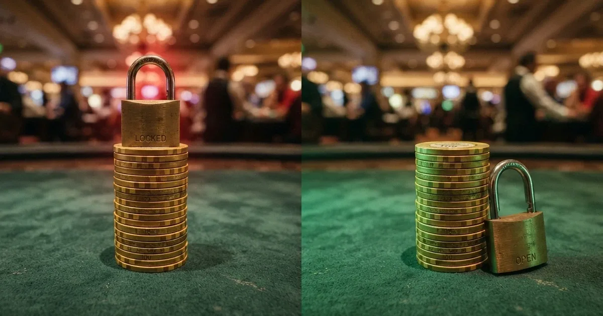 A split-screen comparison: on one side, a padlock symbol over a stack of casino chips labelled with a dollar sign and a clock; on the other side, the same chips with the padlock open and a green checkmark