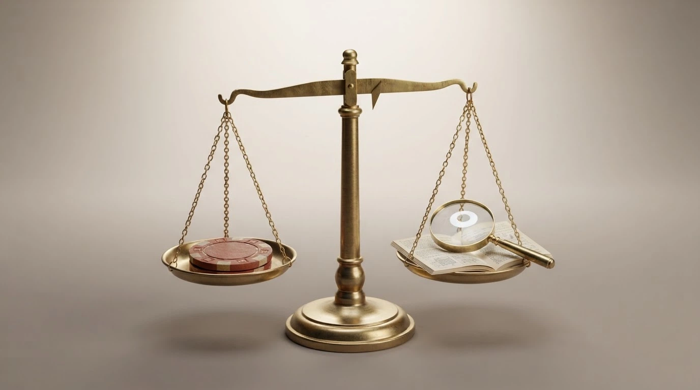 A balance scale with a single gold coin on one side and a magnifying glass over a terms-and-conditions document on the other, the scale slightly tipped toward the magnifying glass