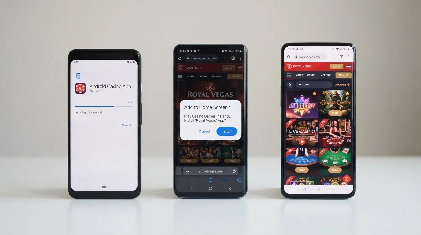 A split-screen view of three different Android casino app interfaces side by side, each showing a different mobile access method — APK install screen, PWA Add to Home Screen prompt, and mobile browser lobby