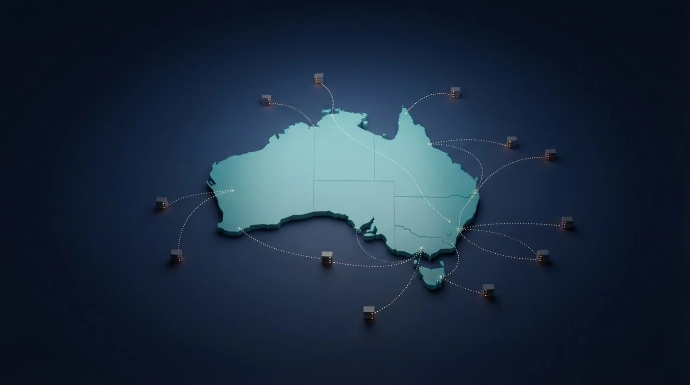 A stylised map of Australia with dotted lines radiating outward to unmarked server icons placed offshore, no Australian licence badge visible