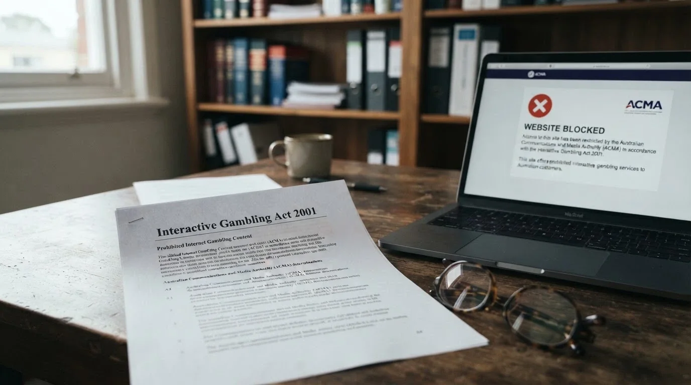 A close-up of Australian legislation text with the Interactive Gambling Act title visible, beside a laptop displaying a blocked-website notice