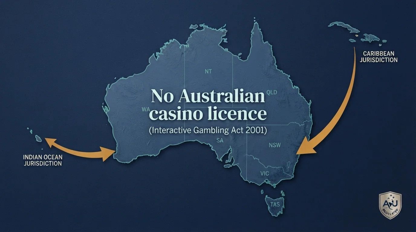 A map of Australia with arrows pointing offshore to Curaçao and Anjouan, overlaid with the text “No Australian casino licence — IGA 2001” and an ACMA logo