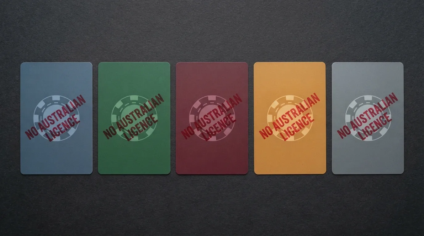A list-style display of offshore casino brand cards with an overlaid stamp reading “No Australian Licence” in red across each card