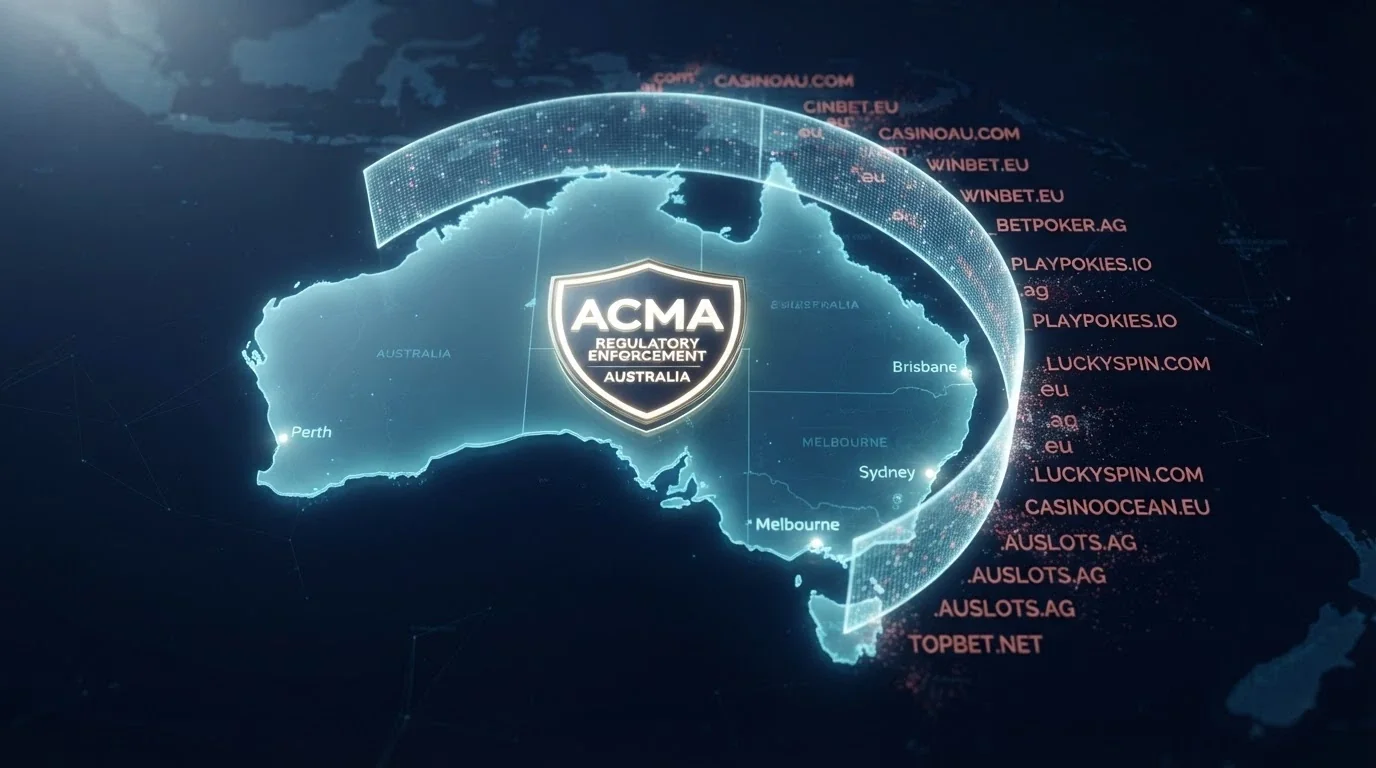 An infographic showing the Australian border with offshore casino domains blocked by a regulatory barrier, the ACMA logo visible
