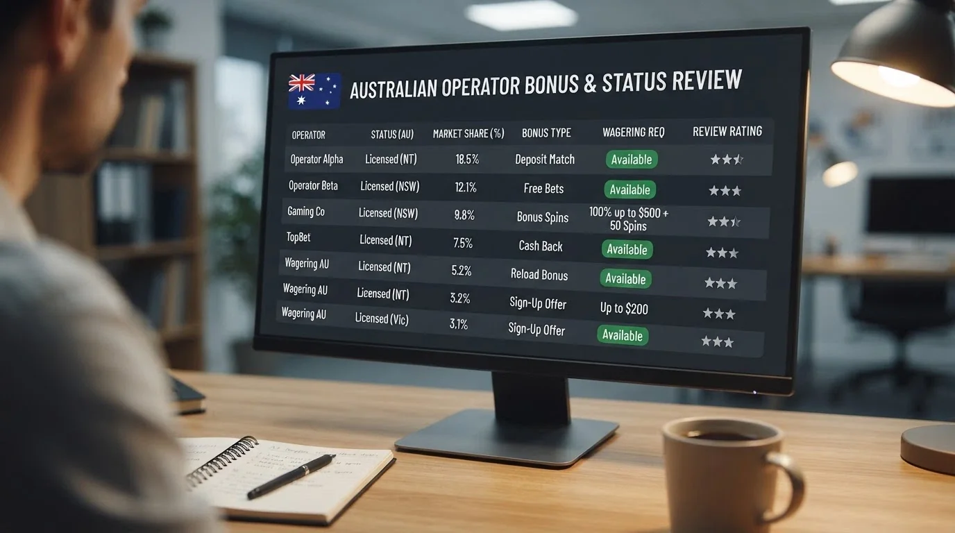 A desktop view of a casino comparison with operator names, legal status markers and key bonus terms laid out