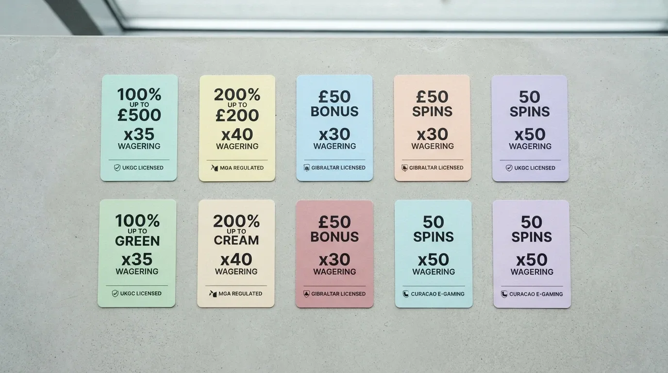 A clean comparison layout showing ten operator cards with their key metrics — bonus amount, wagering multiple and licence — arranged side by side