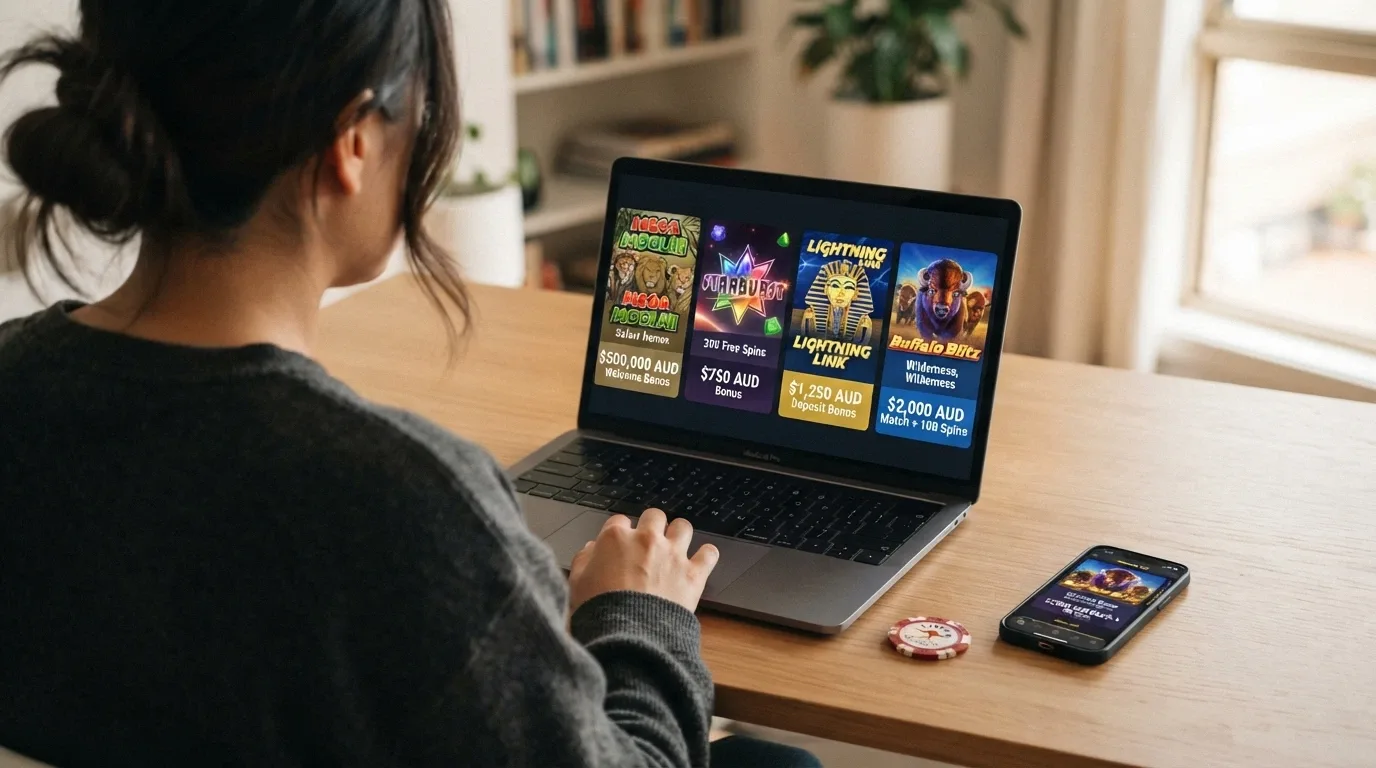 A row of offshore casino homepage previews showing welcome-bonus banners with AUD amounts, game-lobby thumbnails featuring pokies, and deposit-method icons including PayID and crypto