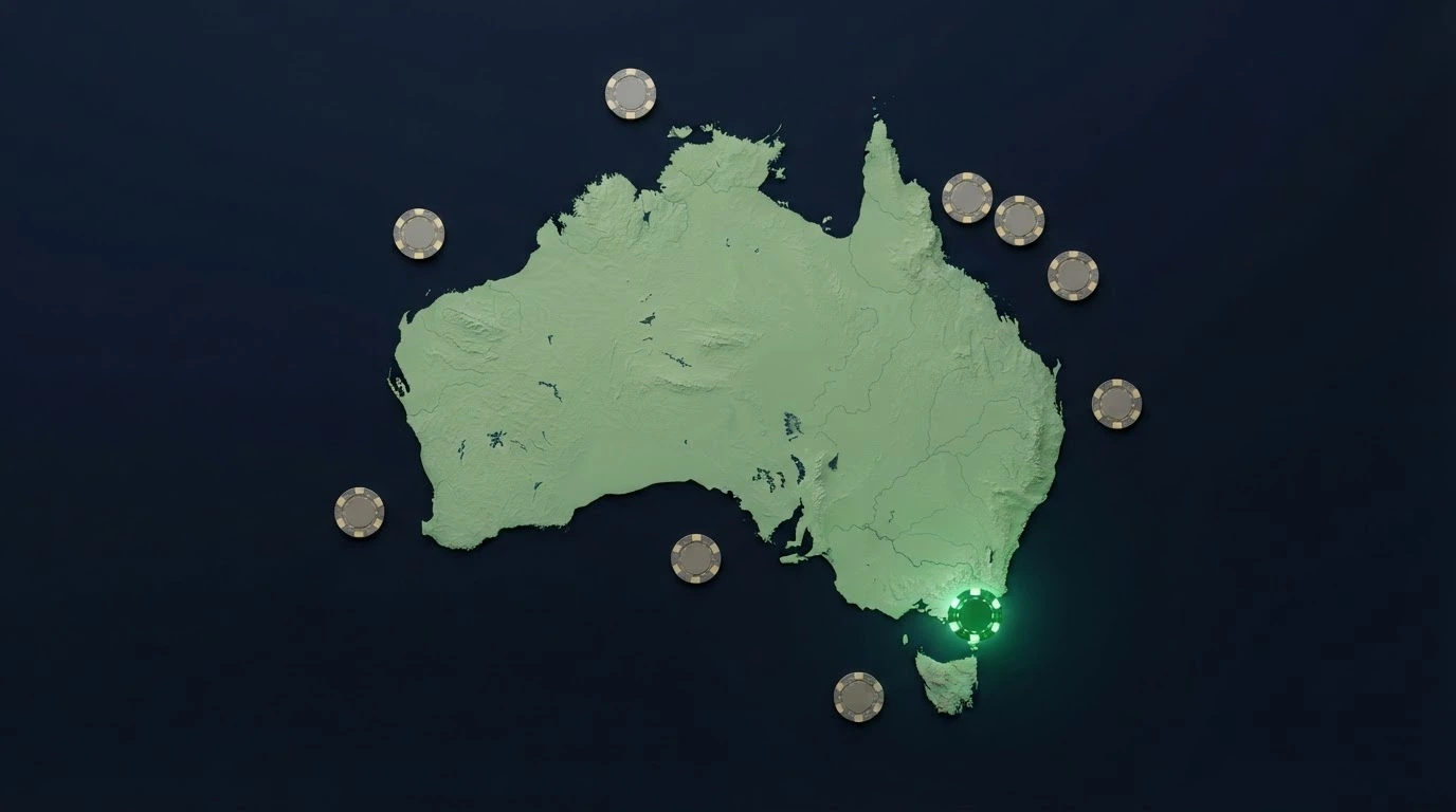 A map of Australia with ten small casino-chip markers positioned offshore around it, one highlighted in green and the rest in grey