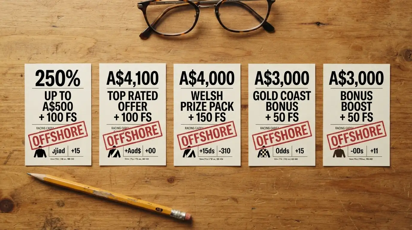 A side-by-side visual comparison of operator welcome-offer cards laid out like a racing form guide, each card showing a different bonus figure and a red stamp reading “offshore — no AU licence.”