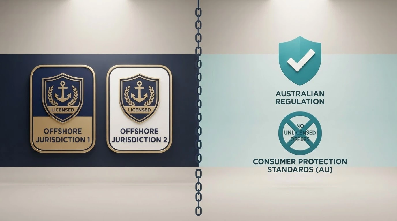 A split-frame visual: one side showing Curaçao and Anjouan licence badges, the other showing Australian consumer-protection logos (BetStop, ACMA) with a broken chain between them