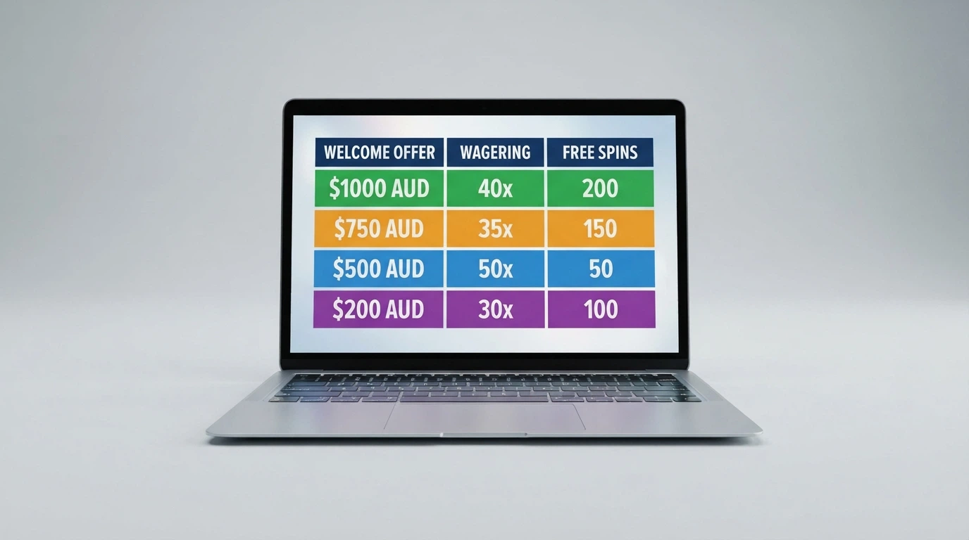 A laptop screen showing a comparison table of online casino welcome offers with Australian dollar amounts and wagering figures highlighted