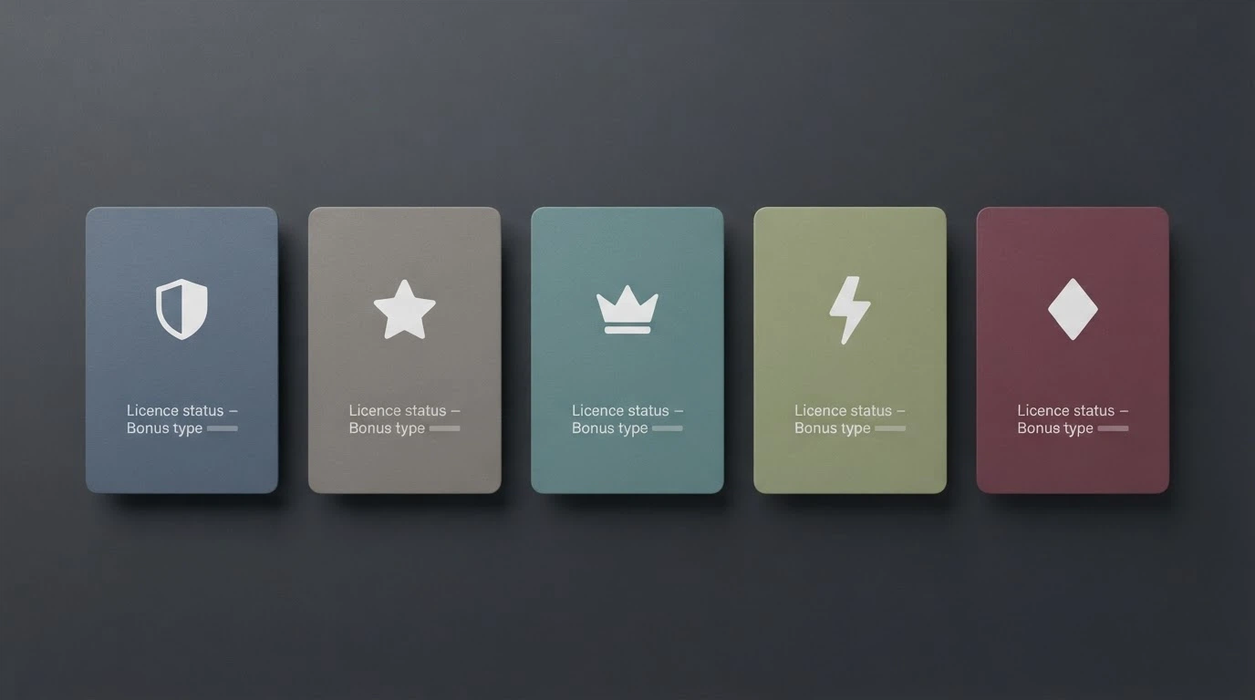 A side-by-side comparison layout of casino brand cards with key terms visible — licence status, bonus type and game provider highlighted