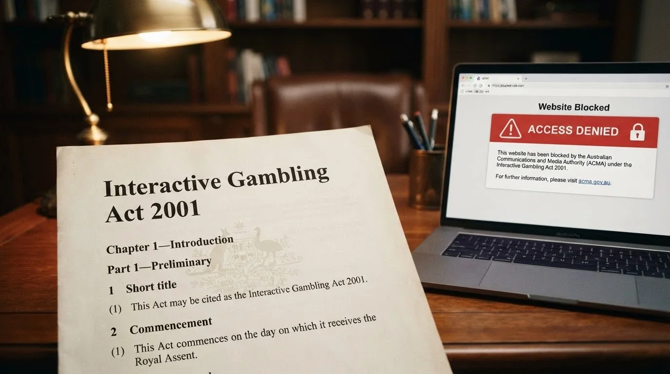 A government-style document page with the words “Interactive Gambling Act 2001” visible, overlaid with an ACMA logo and a blocked-website browser notice