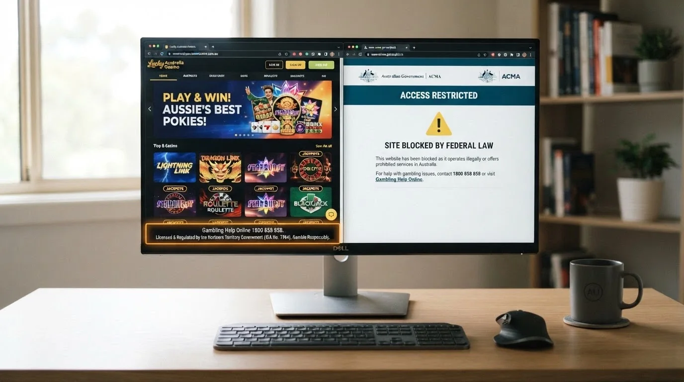 A desktop browser showing an online casino homepage with a small-print licence footer highlighted, beside an ACMA blocking notification page
