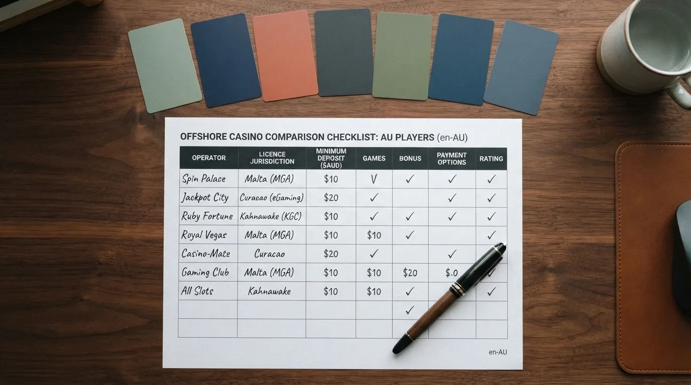 A row of online casino brand logos arranged above a comparison checklist with licence jurisdiction and minimum deposit fields highlighted